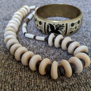 Vintage Wood, Bone, Bronze & Enamel Jewelry